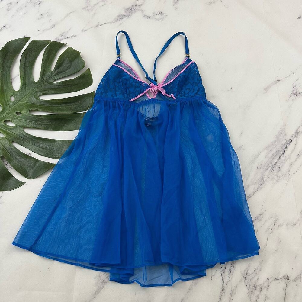Victorias Secret Babydoll Negligee Top size M Blue Pink Lace Sheer Mesh